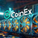 Rack de mineros y el logo de Coinex