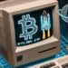 una computadora antigua con un juego futurista de bitcoin, estilo 4 bits