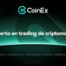 Logo de CoinEx arriba y al centro y texto del nuevo slogan al centro.