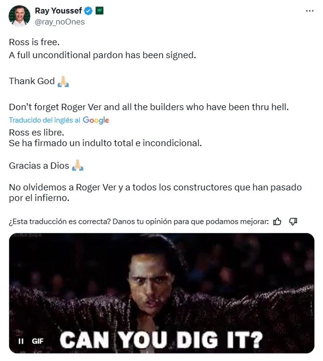 Post de Elon Musk sobre la liberación de Ross Ulbricht y opinión sobre el caso de Roger Ver