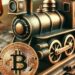 bitcoin sobre unos rieles de tren, estilo dieselpunk