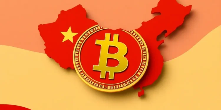 El mapa de China con una B de Bitcoin gigante sobre él.