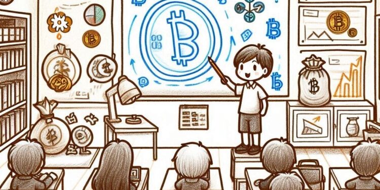 dibujo de un aula donde se aprende sobre bitcoin hecho por un niño