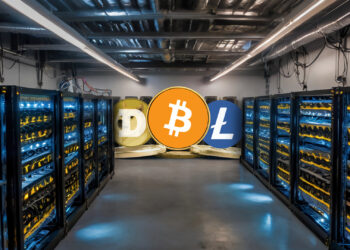 Racks de equipos ASIC de minería de criptomonedas y logos de Bitcoin y Litecoin.