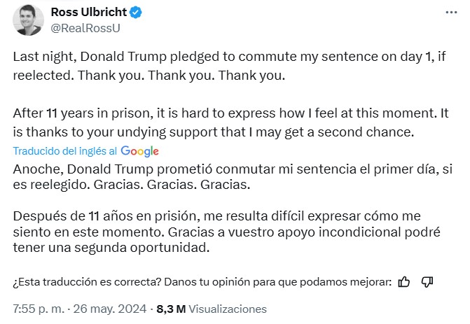Post de Ross Ulbricht por su posible liberación