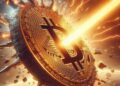 un rayo cuántico destrozando un bitcoin, estilo sci-fi