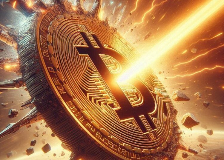 un rayo cuántico destrozando un bitcoin, estilo sci-fi
