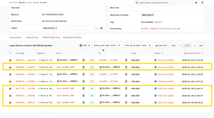 Las operaciones en el recuadro amarillo fueron las realizadas por la wallet rastreada. Fuente: X.