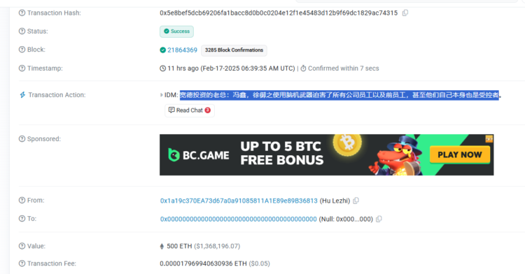 Una persona realizó quemó 500 ETH y dejó un mensaje perturbador en su transacción. Fuente: Etherscan.