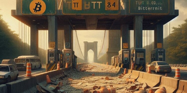 Los peajes de una autopista de bitcoin abandonados y destrozados, estilo newyorker