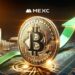 Bitcoin con flecha verde de fondo, gráficos y logo de MEXC.