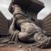 una estatua derrocada en el suelo, estilo brutalismo