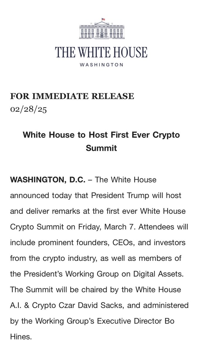 Anuncio oficial sobre el evento de criptomonedas en la Casa Blanca: Fuente: David Sacks / X
