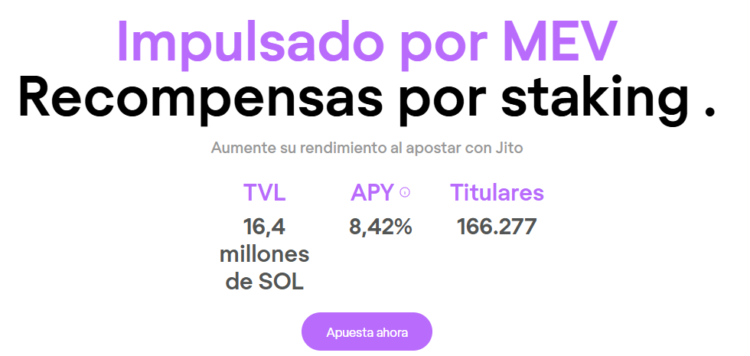 Jito Labs ofrece una herramienta de staking líquido con ganancias adicionales por MEV. Fuente: Jito.