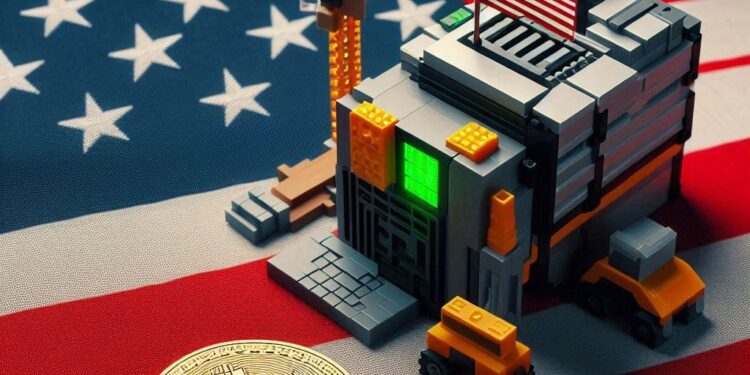una maquina de mineria de Bitcoin y una bandera estadounidense, estilo minecraft