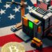 una maquina de mineria de Bitcoin y una bandera estadounidense, estilo minecraft