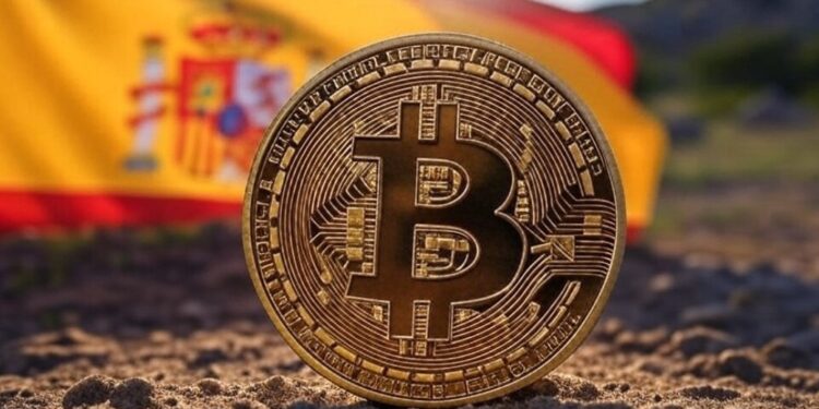 Imagen de IA sobre Bitcoin y una bandera española en el fondo.