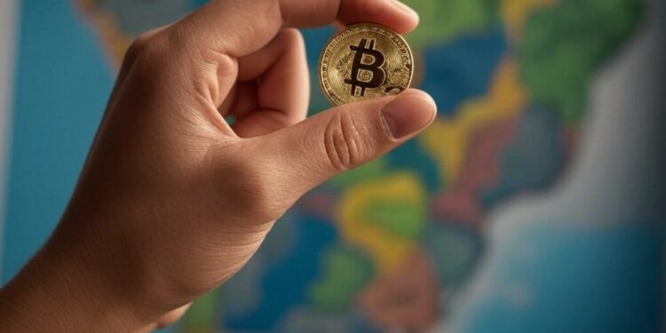 Una mano sosteniendo un bitcoin y al fondo aparece un mapa de Brasil.