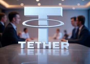 Logo de Tether en mesa ejecutiva.