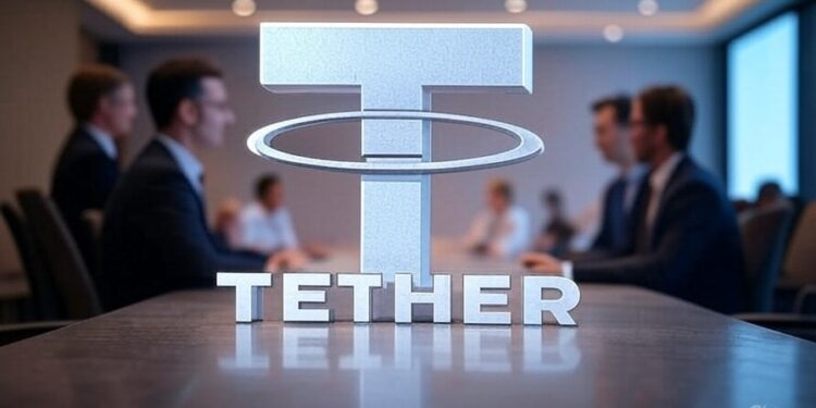 Logo de Tether en mesa ejecutiva.
