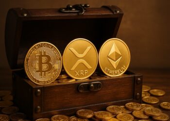 BTC, ETH y XRP en un cofre del tesoro.