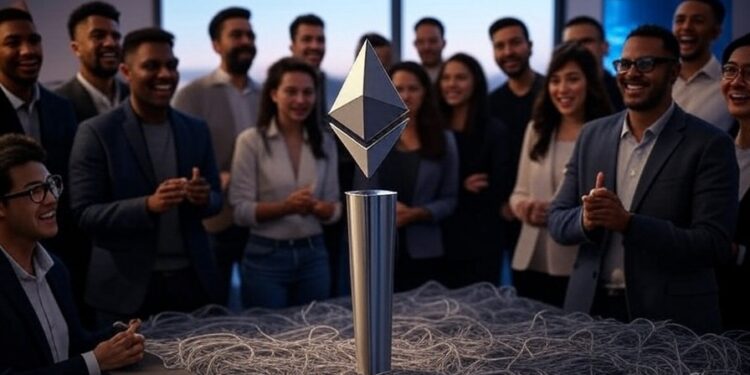 Un grupo de personas reunidos alrededor de una mesa con el logo de Ethereum.
