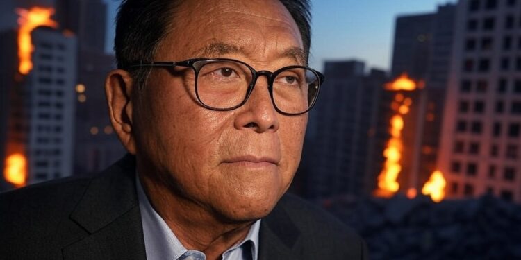 Una imagen de Robert Kiyosaki con un fondo que da la idea de catástrofe global.