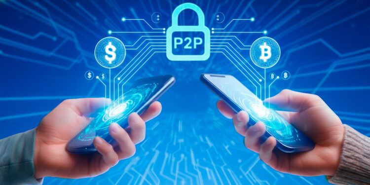 2 usuarios, conectándose a través de sus celulares, realizando una transacción P2P, Com luces holográficas conectándolos al símbolo de un candado P2P