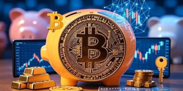 Logo de bitcoin por delante de una alcancía y unas computadoras portátiles.