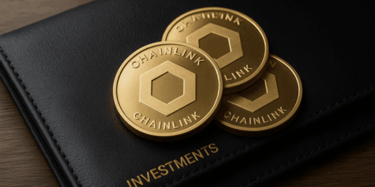 Tres monedas doradas con el logotipo de Chainlink descansan sobre un portafolio de inversiones de cuero negro.