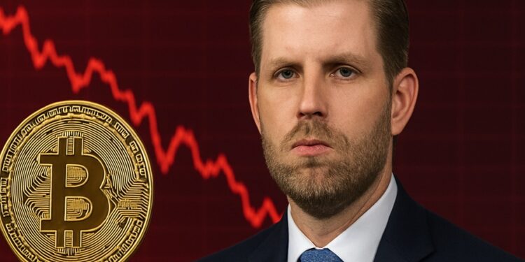 Retrato de Eric Trump frente a un fondo rojo que muestra un gráfico bursátil en caída. Fuente: imagen generada por CriptoNoticias mediante la inteligencia artificial de ChatGPT.