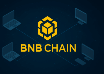 El logo de la red BNB Chain junto a cuatro computadoras conectadas.