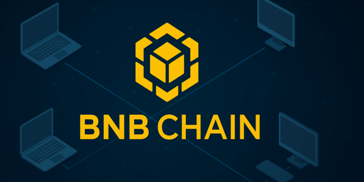 El logo de la red BNB Chain junto a cuatro computadoras conectadas.