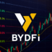 Logo de BYDFi en primer plano sobre un fondo de gráficos de trading con velas y líneas técnicas