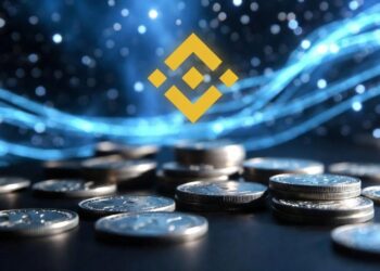 monedas de plata debajo de un cielo nocturno, junto al logo del exchange de criptomonedas Binance.