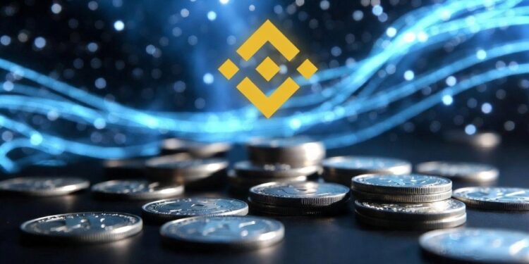 monedas de plata debajo de un cielo nocturno, junto al logo del exchange de criptomonedas Binance.