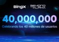 Logo de BingX y su campaña “Beyond the Alpha” en blanco y texto degradado en azules "celebrando los 40 millones de usuarios". Sobre fondo azul oscuro tecnológico.