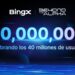 Logo de BingX y su campaña “Beyond the Alpha” en blanco y texto degradado en azules "celebrando los 40 millones de usuarios". Sobre fondo azul oscuro tecnológico.