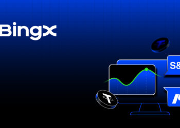 Gráfico de trading BingX con USDT y S&P 500, ilustración de índices bursátiles y RWA para inversores en criptomonedas y mercados tradicionales.