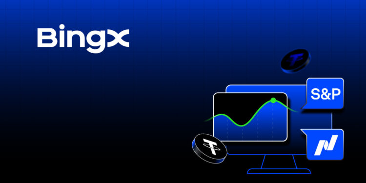 Gráfico de trading BingX con USDT y S&P 500, ilustración de índices bursátiles y RWA para inversores en criptomonedas y mercados tradicionales.