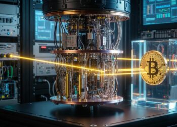 Un laboratorio con una computadora cuántica emitiendo rayos contra una moneda de Bitcoin.