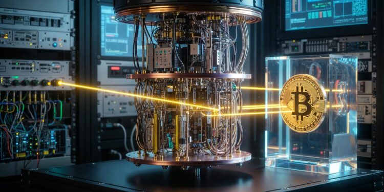Un laboratorio con una computadora cuántica emitiendo rayos contra una moneda de Bitcoin.