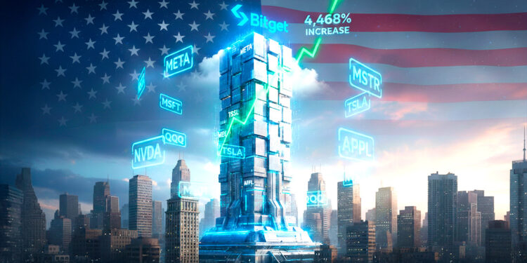 Edificio tecnológico se alza por sobre la ciudad, con el logo de Bitget encima mostrando un incremento del 4.468%, con acciones holográficas flotando alrededor, y una bandera estadounidense en el cielo