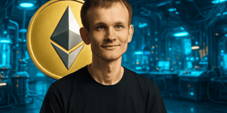 Vitalik Buterin junto a una moneda de Ethereum.