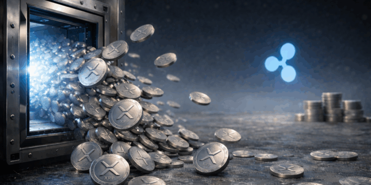 Monedas de Ripple salen rápidamente de una caja fuerte, al fondo se observa el logo de su emisor Ripple Labs.