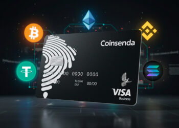 Tarjeta Visa de Coinsenda, con logos de criptomonedas detrás
