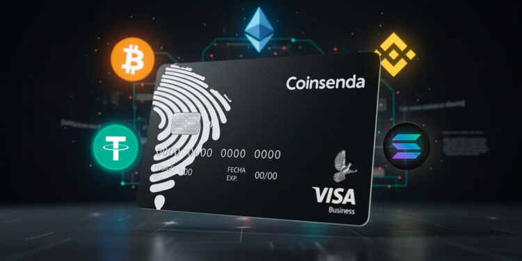 Tarjeta Visa de Coinsenda, con logos de criptomonedas detrás