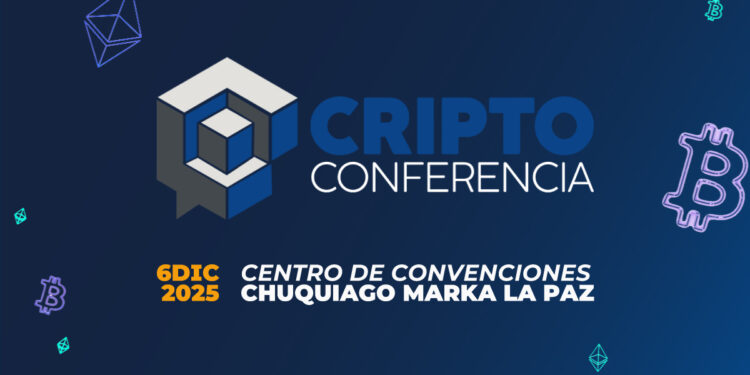 Imagen promocional de Criptoconferencia Bolivia 2025, 6ta edición. Sobre fondo azul con íconos flotantes de Bitcoin