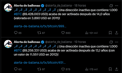 Un mensaje en X sobre el movimiento de antiguas direcciones de bitcoin.