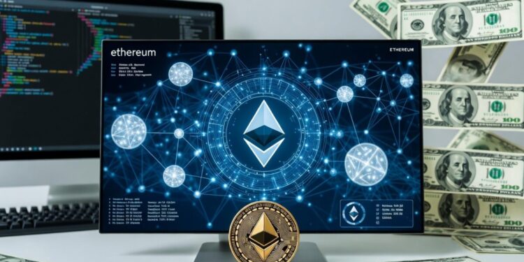 Pantallas de computadoras con símbolos, gráficos financieros y el logo de Ethereum, junto a billetes de dolar.